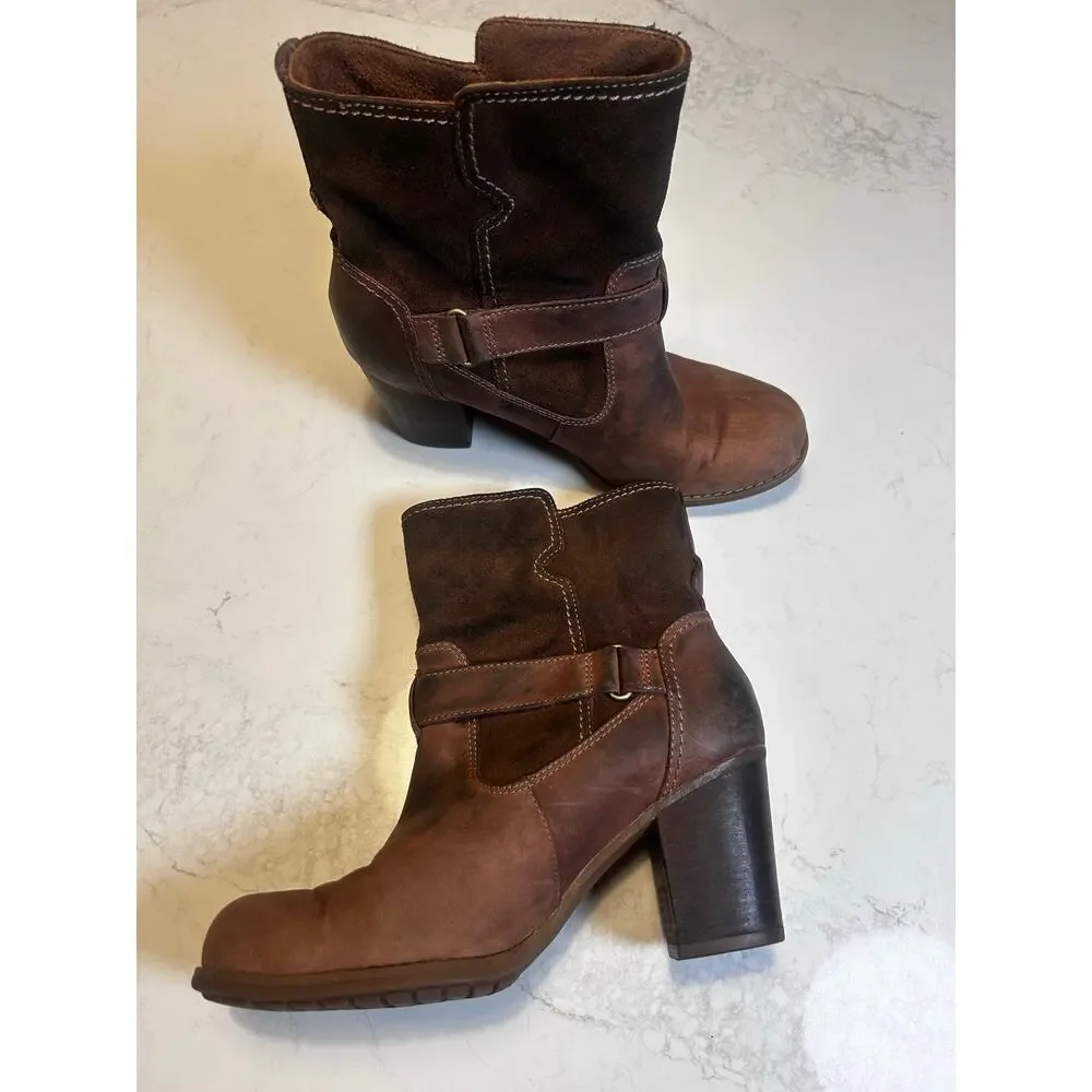 Timberland Waterproof Leather Heeled Boots Brown Moto Buckle Women’s Size 8.5